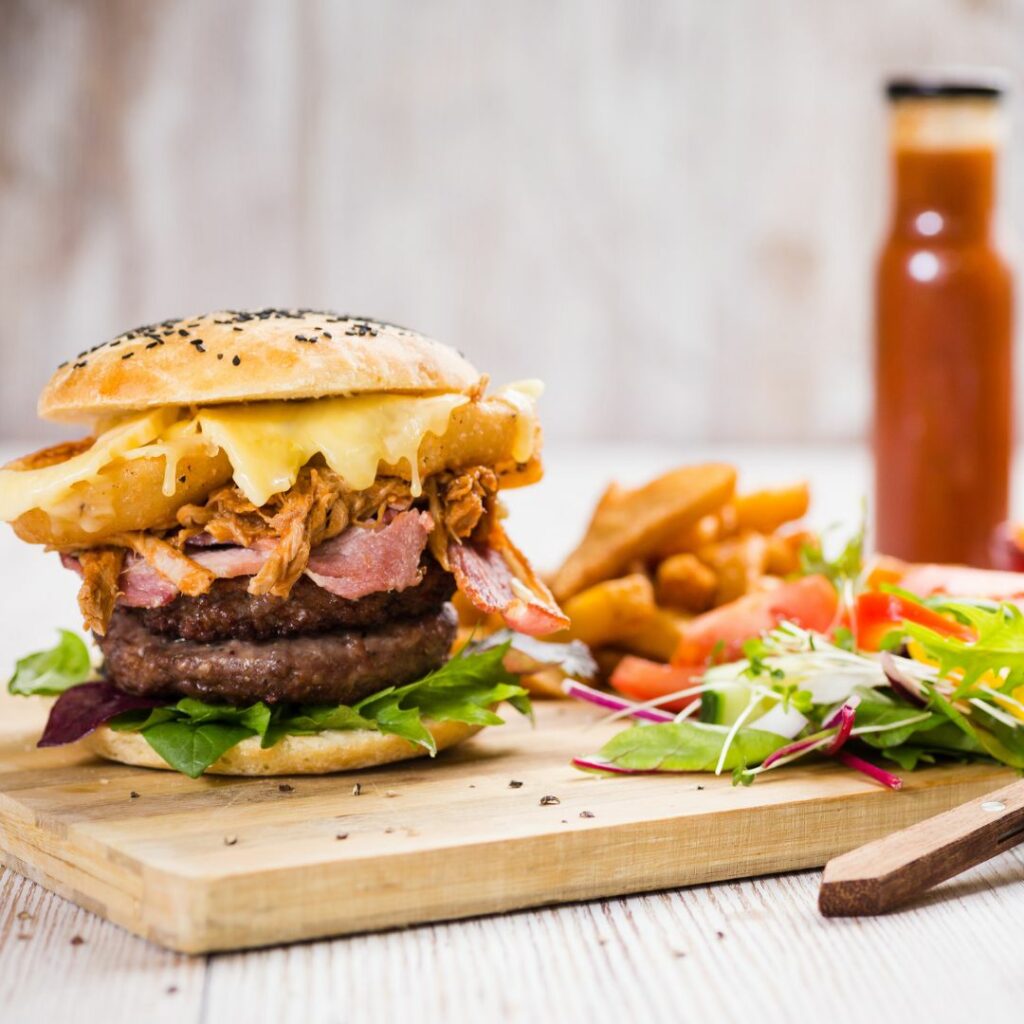 A mouth watering burger and chips meal from the Cornish Pantry