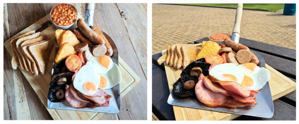 two images of the Cornwall Gold olympic breakfast on a shovel