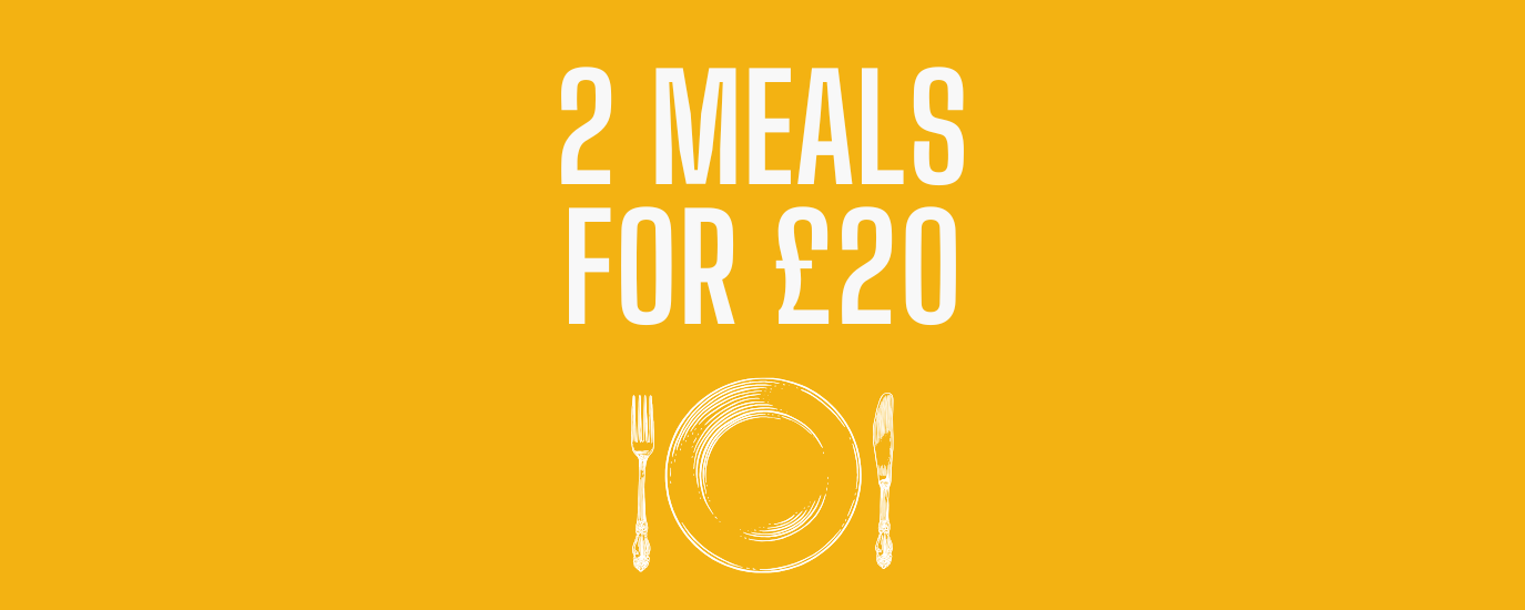 graphic showing two meals for £20 only in january 2025