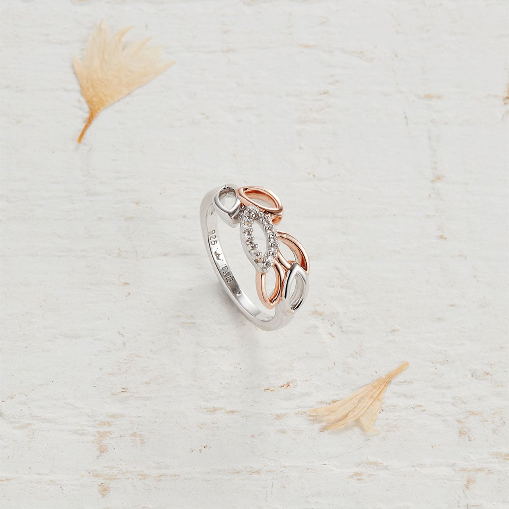 Rose Gold Silver White Topaz Leaf Ring