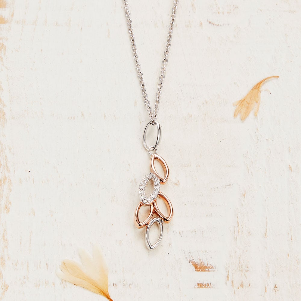 Rose Gold & Silver Cubic Zirconia Leaf Pendant