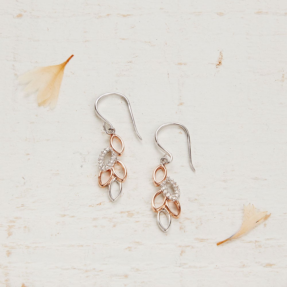 Rose Gold Silver White Topaz Leaf Drop Earrings