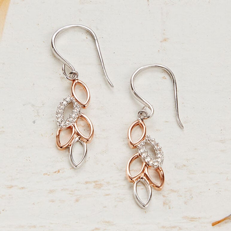 Silver and Rose Gold Leaf design Drop Earrings with White Topaz