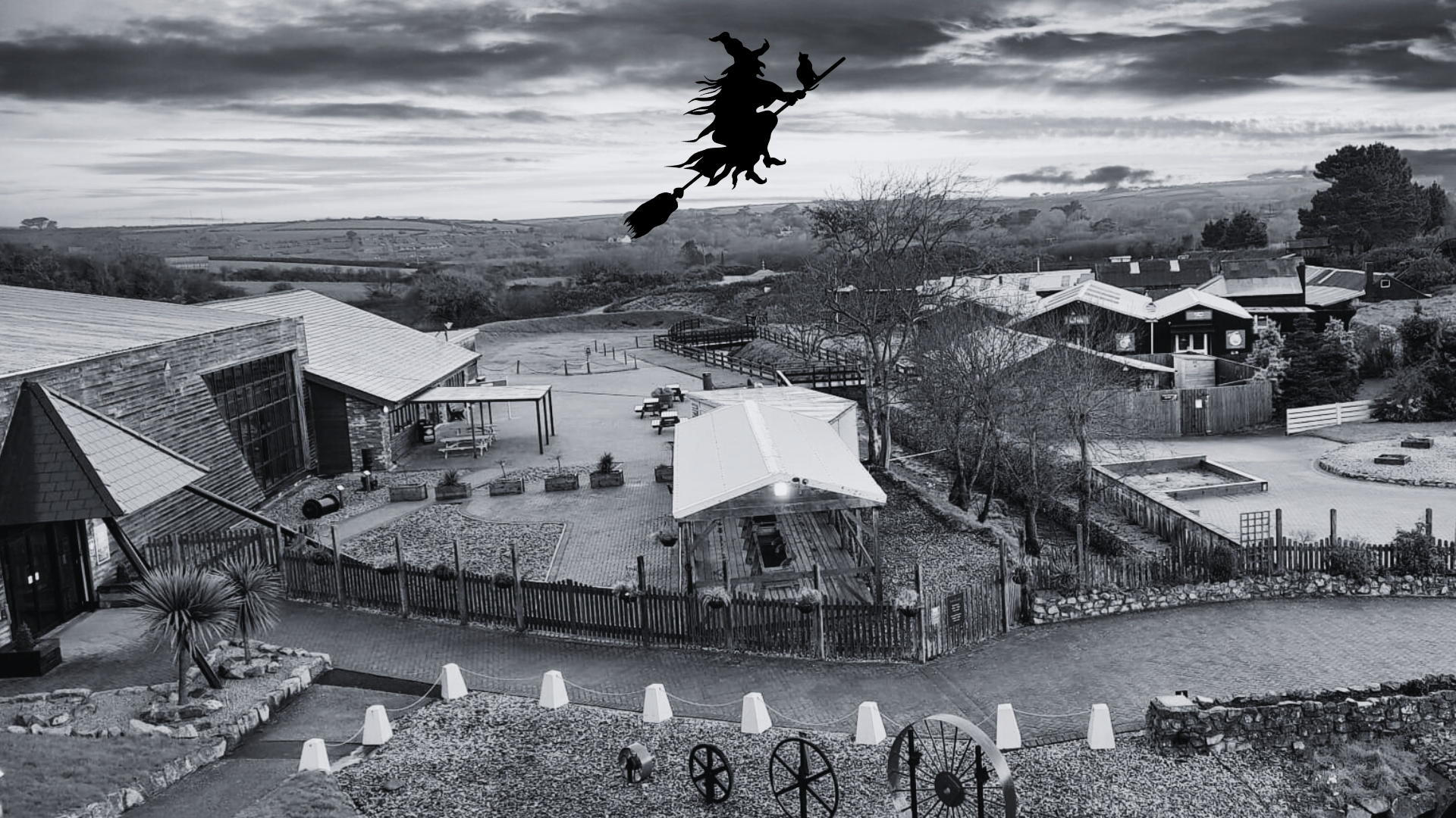 Graphic witch flying over cornwall gold site for halloween